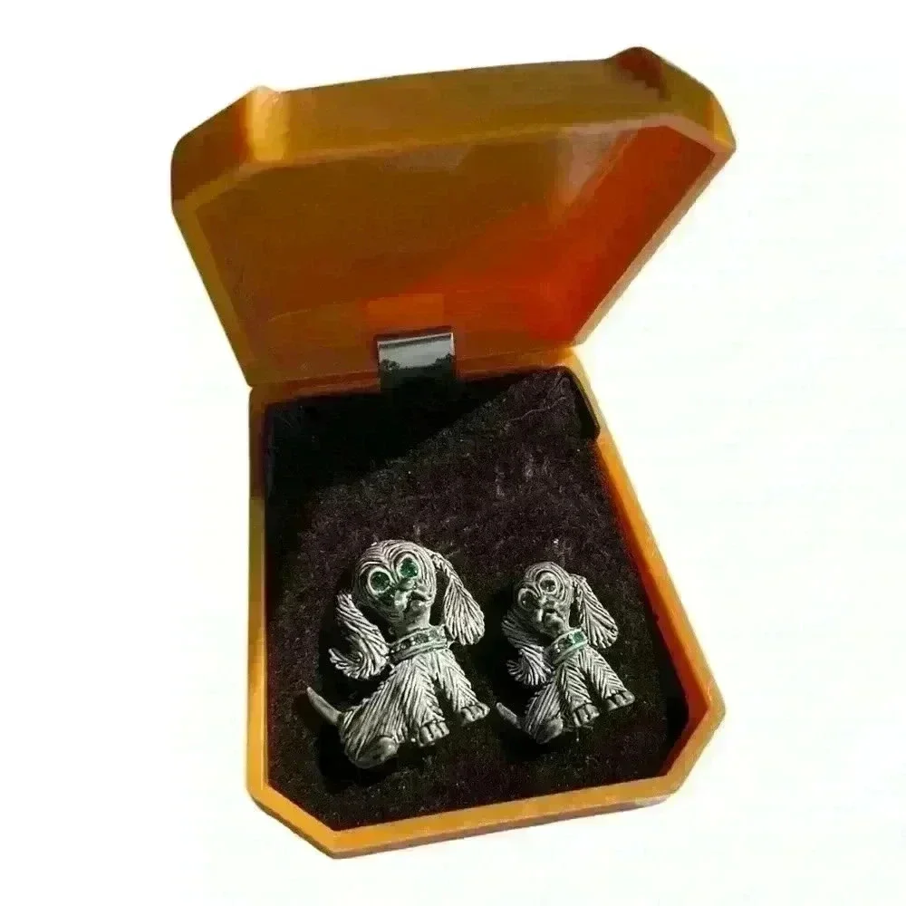 Vintage Gerry’s gray enamel mom & pup dog emerald green rhinestone brooch pin